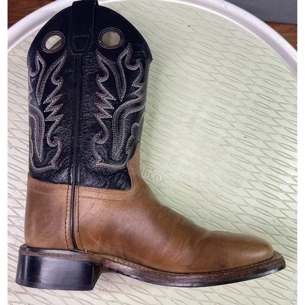 Old West Boys Leather Western Cowboy Kids Riding Boots Brown&Black Youth Sz.2 D‎